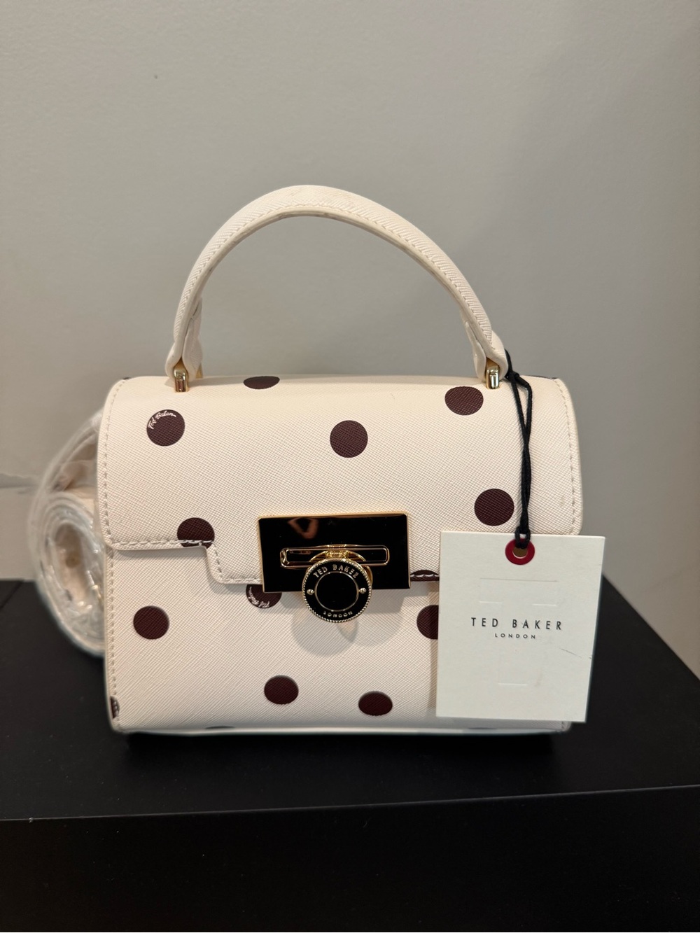 Ted Baker “LILY” Cream Mini Top-Handle Croasbody Bag W/Brown Polka Dots